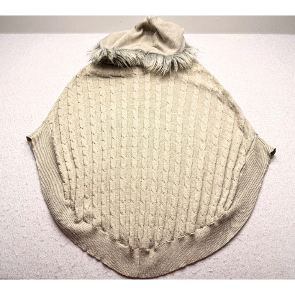 14th & Union Womens Faux Fur Trim Hooded Cable Knit Poncho Sweater Beige OS